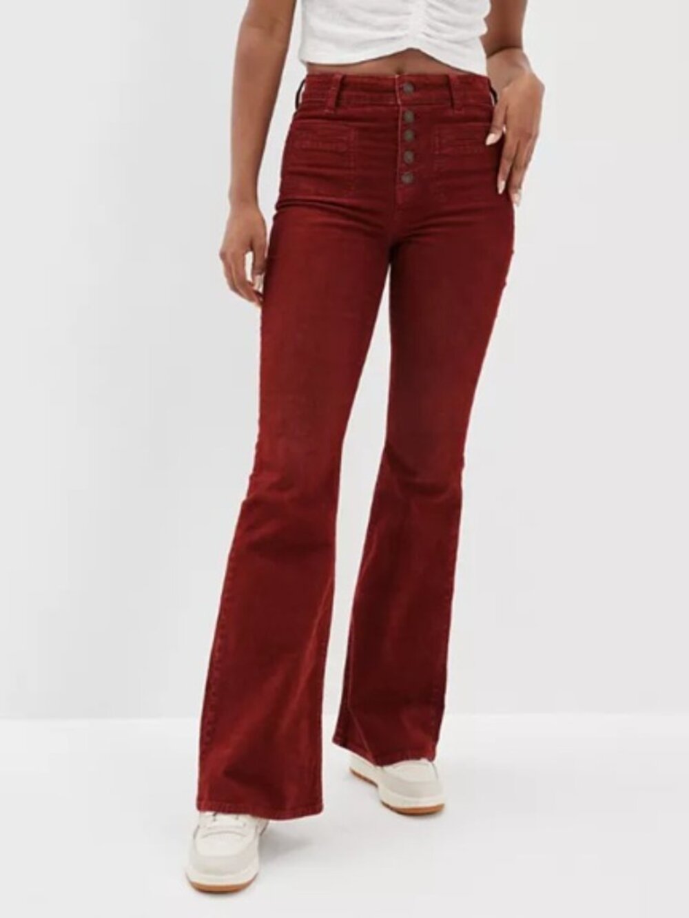 American Eagle AE Stretch Corduroy Super High Waisted Flare Pant Size 8 Maroon